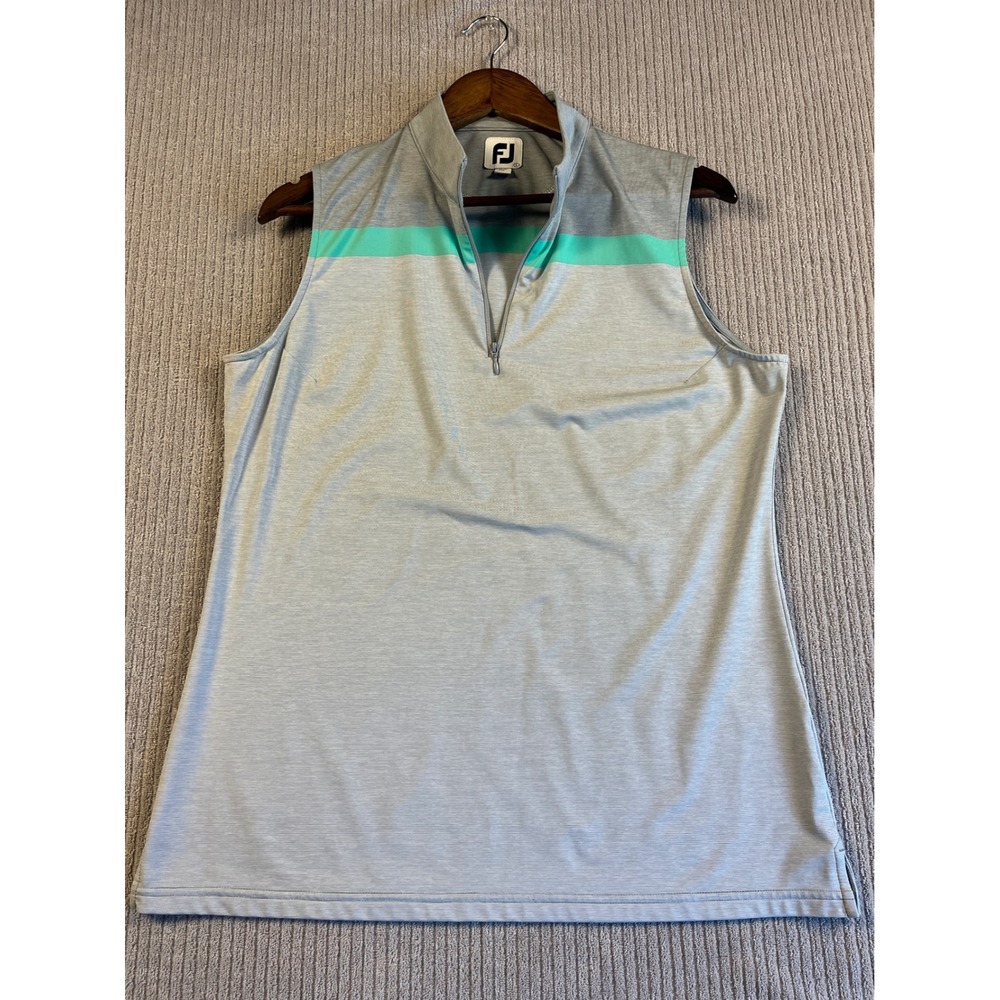 FootJoy Top Womens L Gray Mint Green Striped Quarter Zip Sleeveless Golf Polo